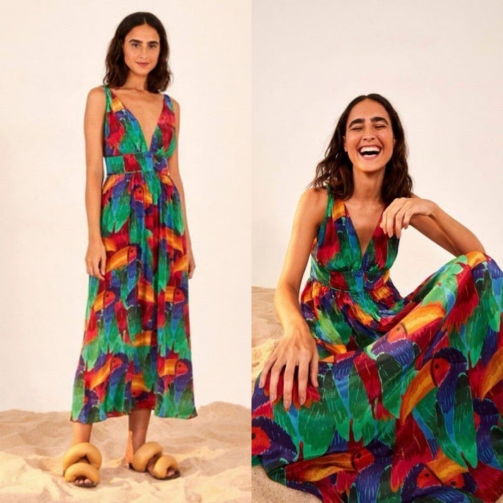 NWT $200 Farm Rio Painted Toucans Midi Dress Multi Size XS